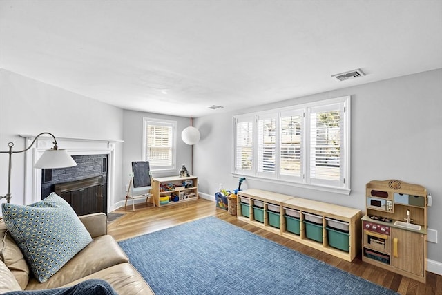 living room with baseboards, wood finished floors, a healthy amount of sunlight, and a fireplace