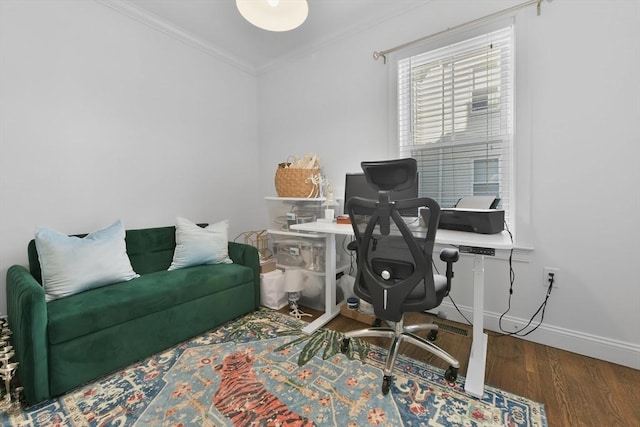 office area with dark hardwood / wood-style flooring and ornamental molding