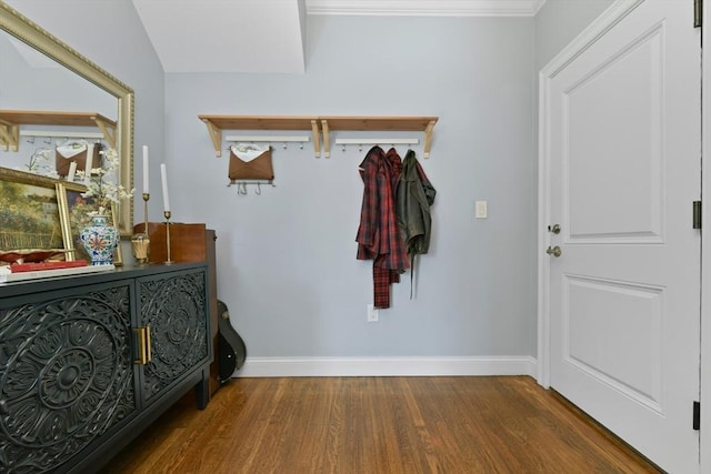 entrance foyer featuring wood-type flooring and ornamental molding