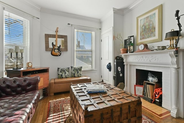 living area with crown molding, wood-type flooring, and a fireplace