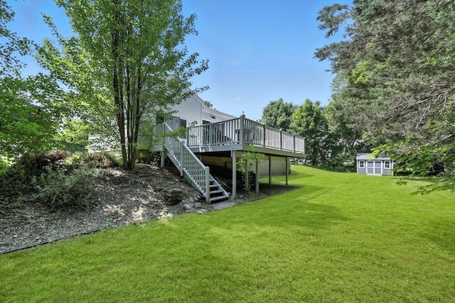 59 Searle Rd, South Hadley, MA 01075 - view of green lawn with a wooden deck, stairs, and a storage unit