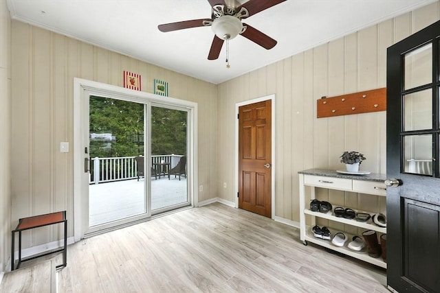 59 Searle Rd, South Hadley, MA 01075 - entryway with light wood-style floors, a ceiling fan, and ornamental molding