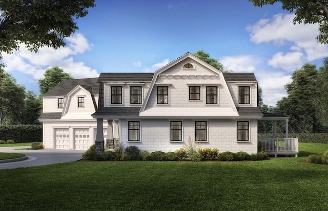 view of front facade with an attached garage, covered porch, a gambrel roof, concrete driveway, and a front yard