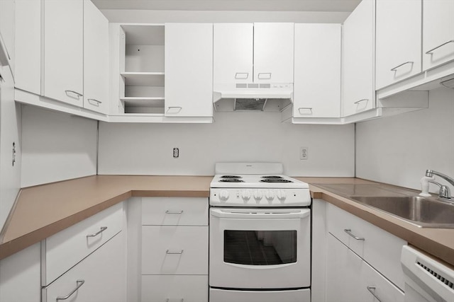 kitchen featuring white cabinets, under cabinet range hood, white electric range, dishwashing machine, and a sink