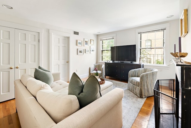 living room with light hardwood / wood-style flooring and a fireplace