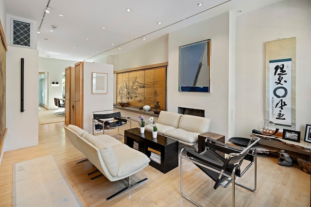 living room with rail lighting and light hardwood / wood-style floors