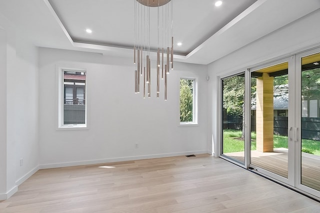 spare room featuring light hardwood / wood-style floors and a raised ceiling