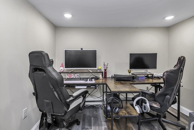 office with wood finished floors, baseboards, and recessed lighting