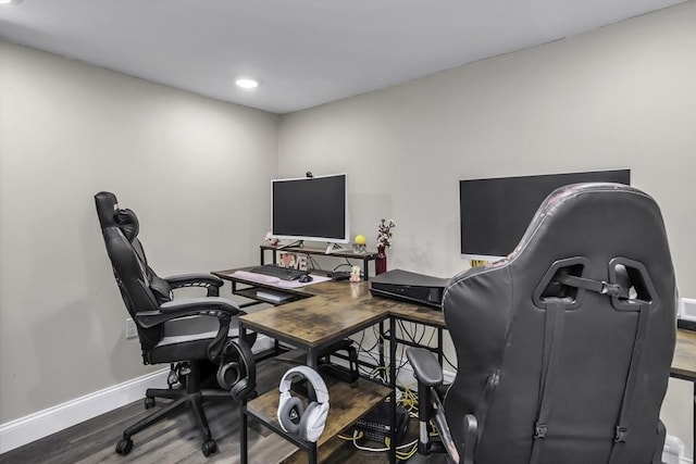 office with wood finished floors, baseboards, and recessed lighting