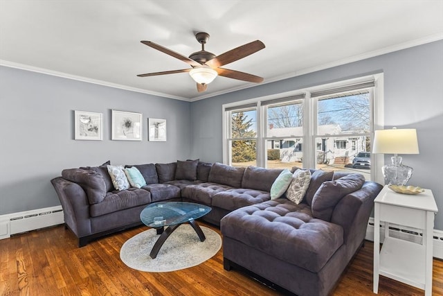 living area featuring ornamental molding, wood finished floors, baseboard heating, and a baseboard radiator