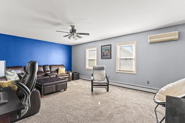 office space featuring ceiling fan, an AC wall unit, carpet, and a baseboard radiator