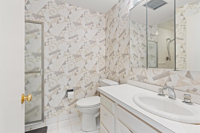 full bath with tile patterned floors, visible vents, toilet, tile walls, and a shower stall