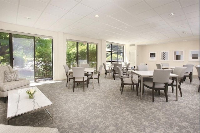 dining area featuring carpet flooring and a drop ceiling