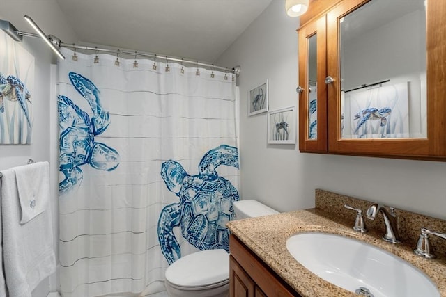 bathroom featuring toilet, vanity, and a shower with shower curtain