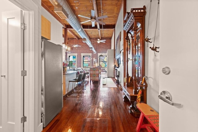 49 Munroe St Unit 405, Lynn, MA 01901 - entrance foyer with hardwood / wood-style flooring, ceiling fan, brick wall, and wood ceiling