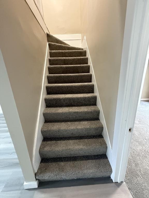 stairway featuring baseboards and carpet