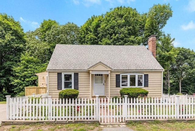 49 Whitman St, Weymouth, MA 02189 - view of front of property with a shingled roof, a chimney, and a fenced front yard