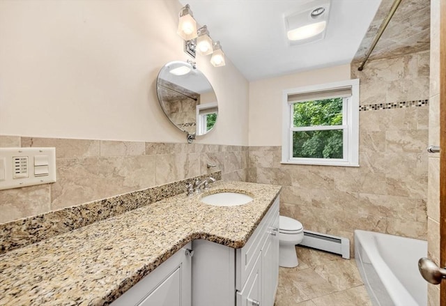 49 Whitman St, Weymouth, MA 02189 - full bathroom with a baseboard radiator, vanity, toilet, tile walls, and wainscoting
