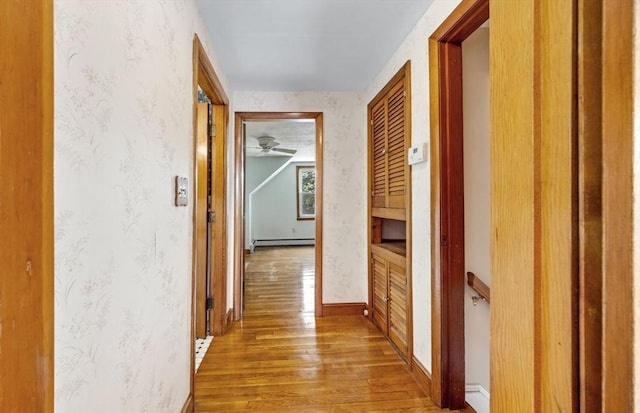 49 Whitman St, Weymouth, MA 02189 - corridor featuring hardwood / wood-style flooring, a baseboard radiator, wallpapered walls, and baseboards