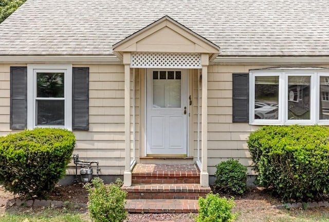 49 Whitman St, Weymouth, MA 02189 - doorway to property featuring roof with shingles
