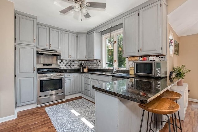 76 Colburn St Unit 76, Dedham, MA 02026 - kitchen featuring stainless steel appliances, gray cabinetry, under cabinet range hood, a peninsula, and decorative backsplash