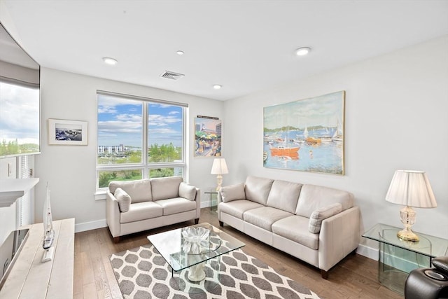 living room with baseboards, hardwood / wood-style flooring, and recessed lighting