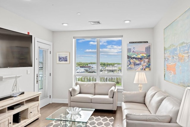 living area featuring wood finished floors, baseboards, healthy amount of natural light, and recessed lighting