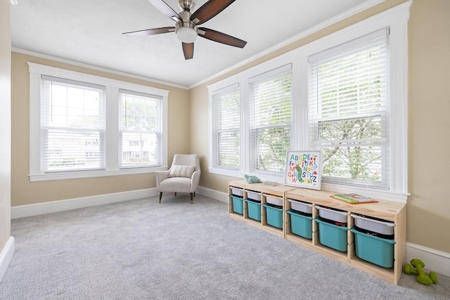 72 Edgecliff Rd Unit 72, Watertown, MA 02472 - living area with baseboards, ornamental molding, a ceiling fan, and carpet floors