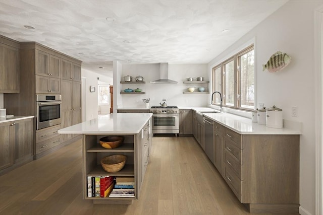 kitchen featuring stainless steel appliances, a sink, wall chimney exhaust hood, and open shelves