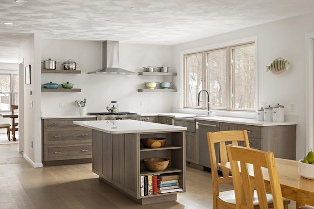 kitchen with light wood-style flooring, light countertops, stainless steel dishwasher, wall chimney exhaust hood, and open shelves