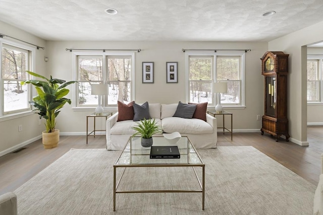 living area with visible vents, baseboards, and wood finished floors