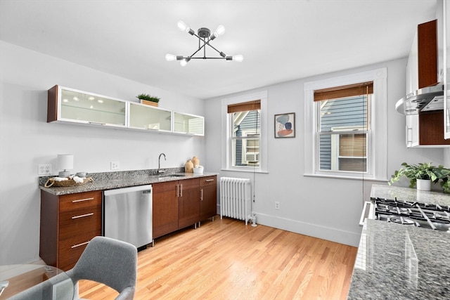 kitchen featuring light hardwood / wood-style flooring, stainless steel appliances, radiator heating unit, and dark stone counters