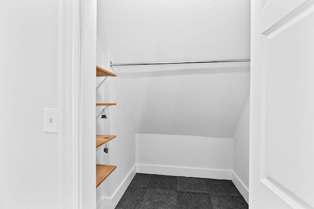 spacious closet with vaulted ceiling and carpet floors