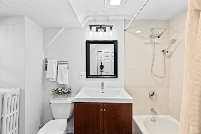 full bathroom featuring vanity, toilet, shower / bathtub combination with curtain, and radiator heating unit