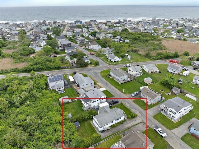 14 Mcarthur Ln, Marshfield, MA 02050 - aerial perspective of suburban area featuring property parcel outlined and a large body of water