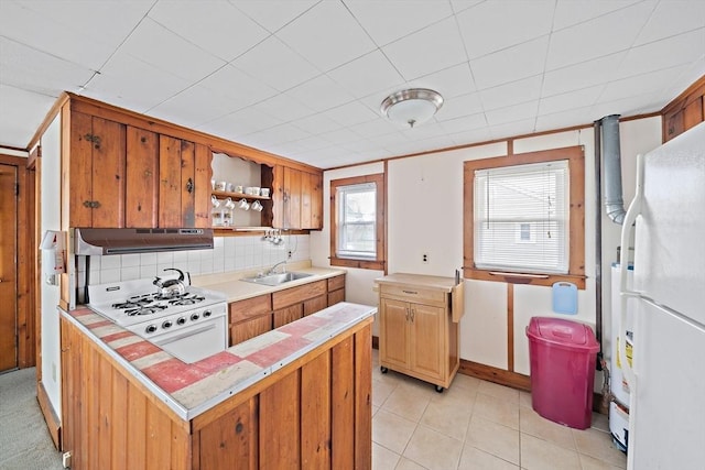 14 Mcarthur Ln, Marshfield, MA 02050 - kitchen featuring freestanding refrigerator, under cabinet range hood, range, open shelves, and light countertops