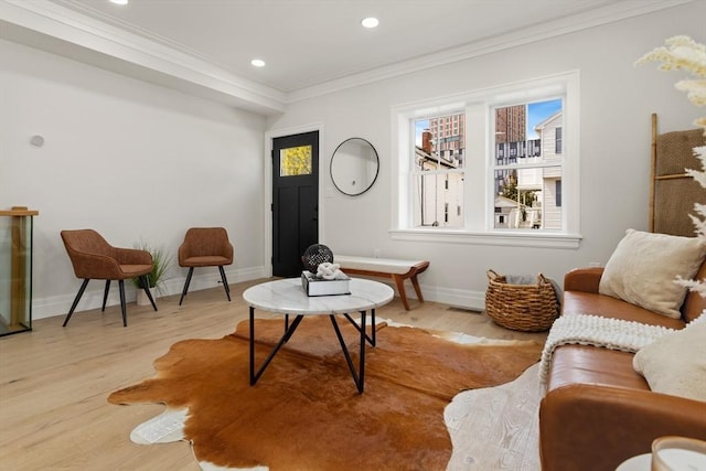 living area featuring plenty of natural light, light hardwood / wood-style floors, and crown molding