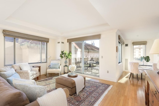 living room with light wood-type flooring, plenty of natural light, crown molding, and a raised ceiling