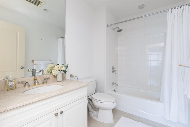 full bathroom featuring toilet, vanity, and shower / bathtub combination with curtain