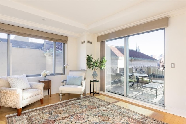 sitting room featuring wood-type flooring, a tray ceiling, and crown molding