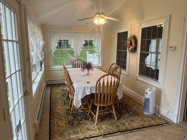 sunroom / solarium featuring vaulted ceiling and a baseboard heating unit