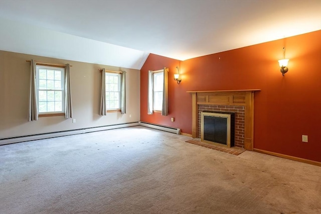 18 Oakwind Holw, Leominster, MA 01453 - unfurnished living room featuring lofted ceiling, carpet, a brick fireplace, baseboard heating, and baseboards