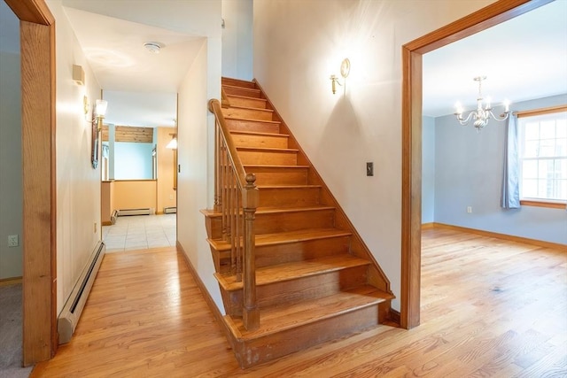 18 Oakwind Holw, Leominster, MA 01453 - stairs featuring a baseboard radiator, wood finished floors, a chandelier, and a baseboard heating unit