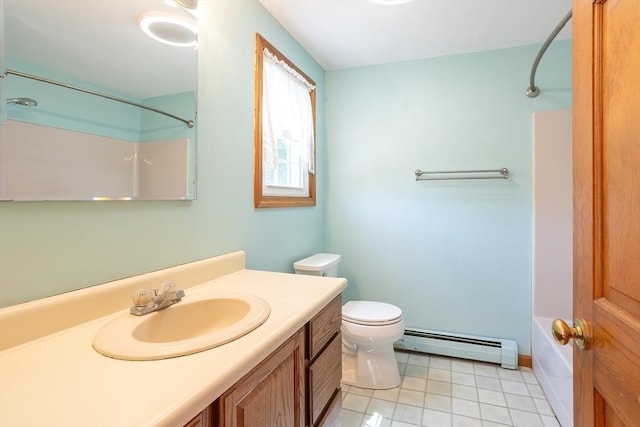 18 Oakwind Holw, Leominster, MA 01453 - full bathroom featuring a baseboard radiator, toilet, vanity, shower / bath combination, and tile patterned floors
