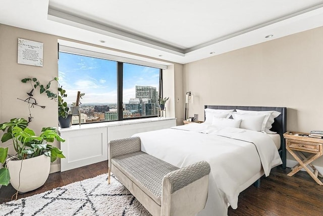 65 E India Row Unit 28Ef, Boston, MA 02110 - bedroom with dark wood-style flooring, a raised ceiling, and a city view