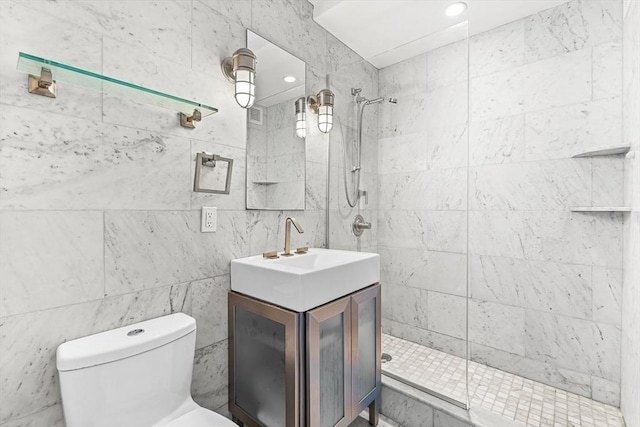 65 E India Row Unit 28Ef, Boston, MA 02110 - bathroom with a stall shower, vanity, recessed lighting, and tile walls