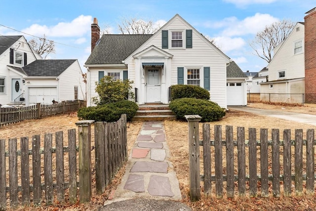 bungalow-style house featuring a fenced front yard, an attached garage, a shingled roof, driveway, and a chimney