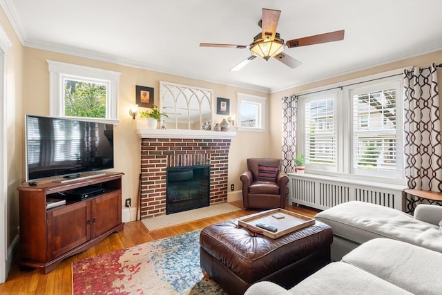 34 Sheafe St Unit 1, Brookline, MA 02467 - living area featuring radiator, ornamental molding, a ceiling fan, light wood finished floors, and a fireplace