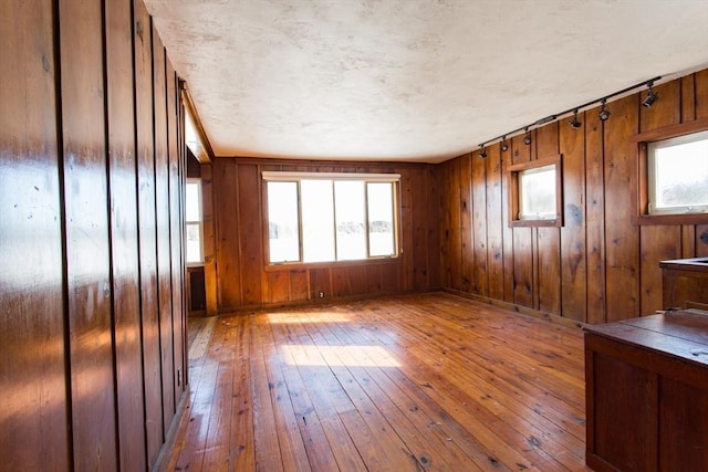 unfurnished room with wood-type flooring and wooden walls