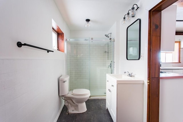 bathroom with vanity, plenty of natural light, a shower with shower door, and toilet